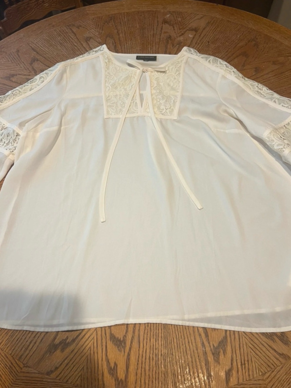 Lane Bryant Cream Lace-Inset Tie-Neck Blouse